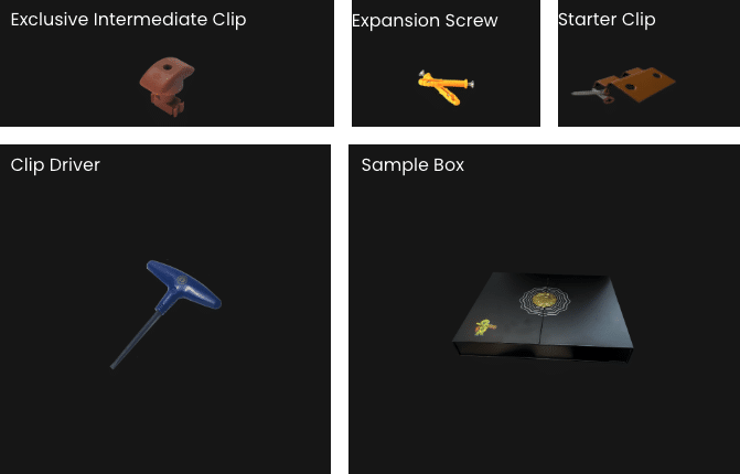 Feelingwood Intermediate Clip system components including expansion screw, starter clip, clip driver