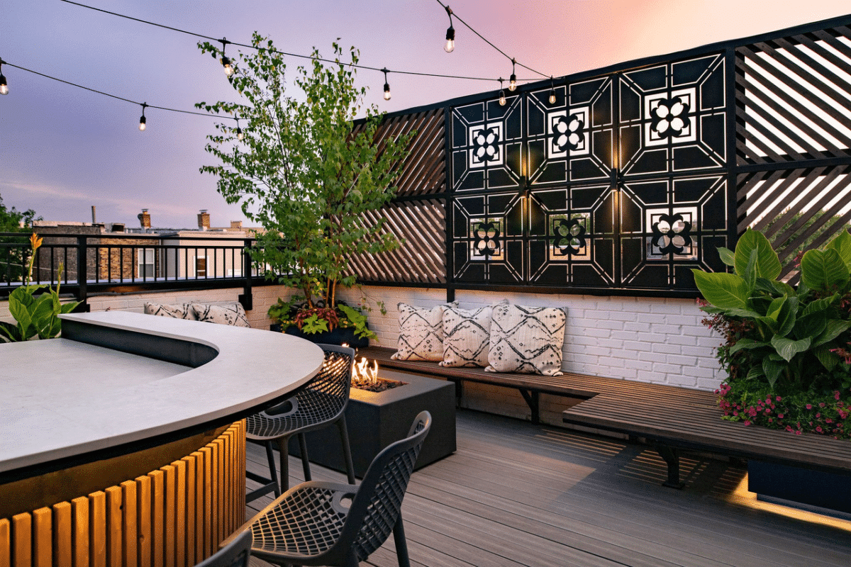 The outdoor garden bar is designed with a casual social space on the WPC deck