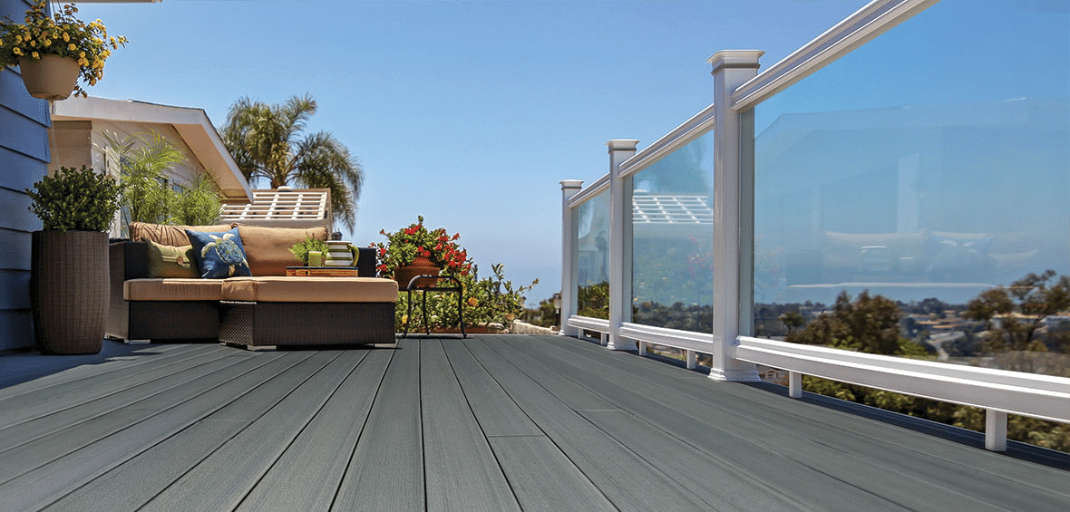Outdoor deck featuring modern handrails, combining contemporary designs for a sleek, functional look