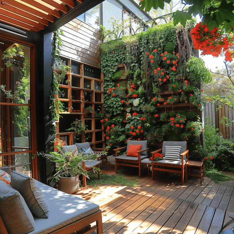 Backyard garden on a composite deck, decorated with flowers, plants