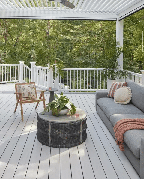 Garden decking with a monochrome design in grey, creating a stylish and minimalist outdoor space