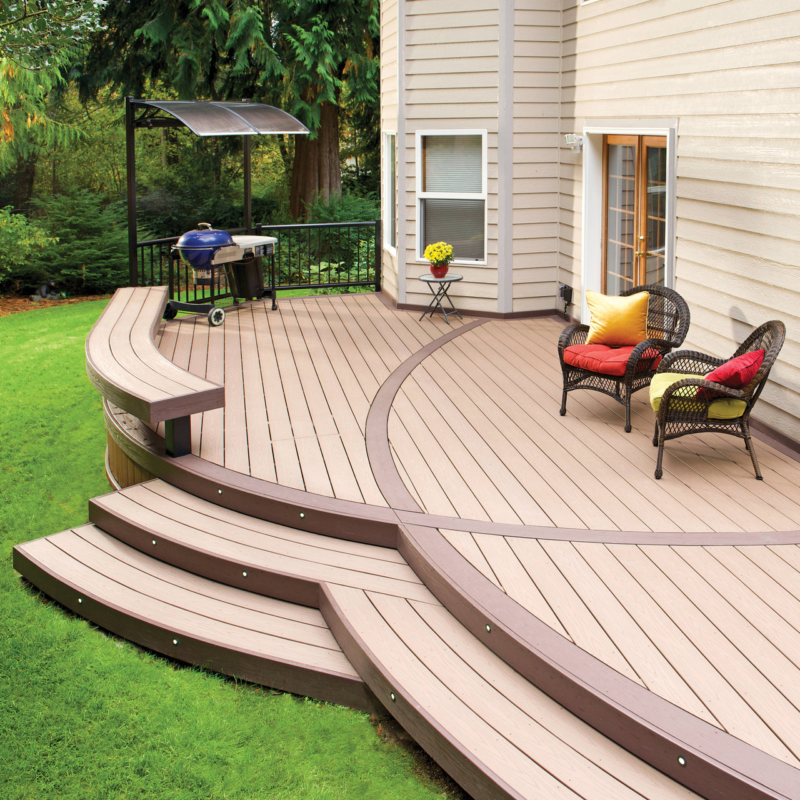 WPC Decking features a stylish two-tone design in teak and light brown, creating a modern and attractive outdoor look