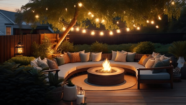 The backyard is decorated with holiday lights, a fire pit on the WPC deck, and soft seating