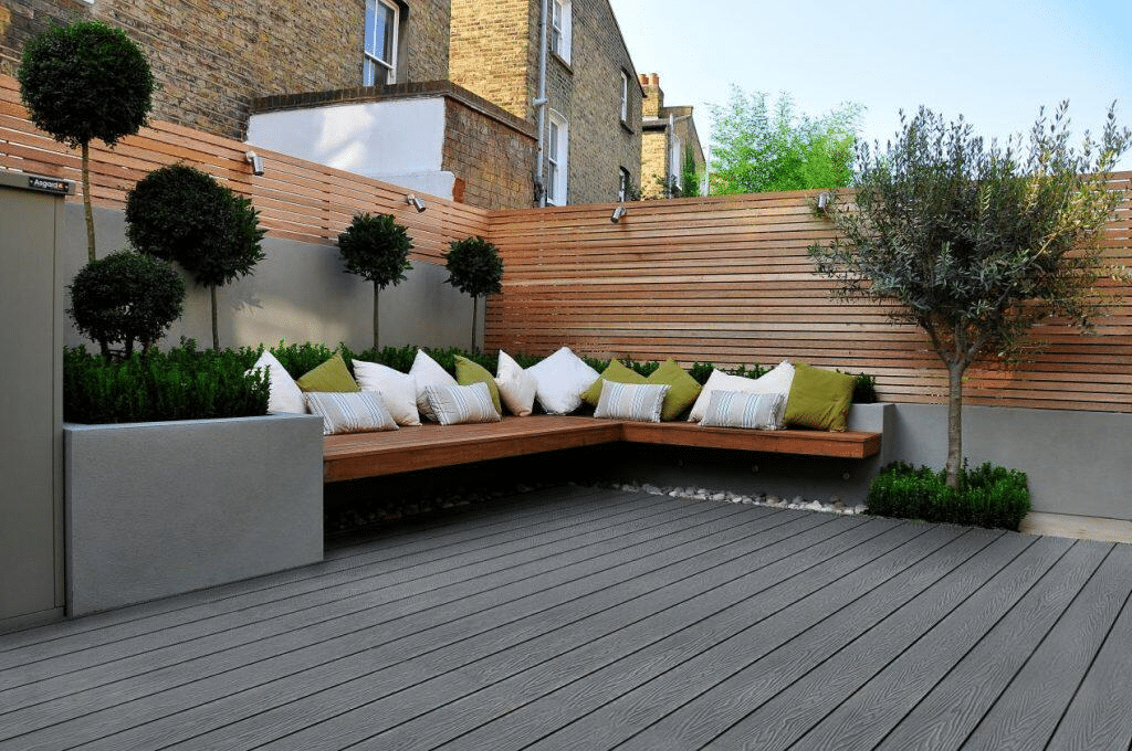 Garden coner WPC deck featuring space-saving built-in seating