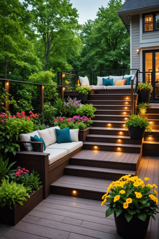 Outdoor space with WPC decking creating separate zones for green and relaxation spaces