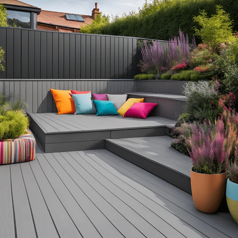 Garden design featuring light-colored composite decking paired with contrasting bold accessories like cushions and rugs in vibrant hues.