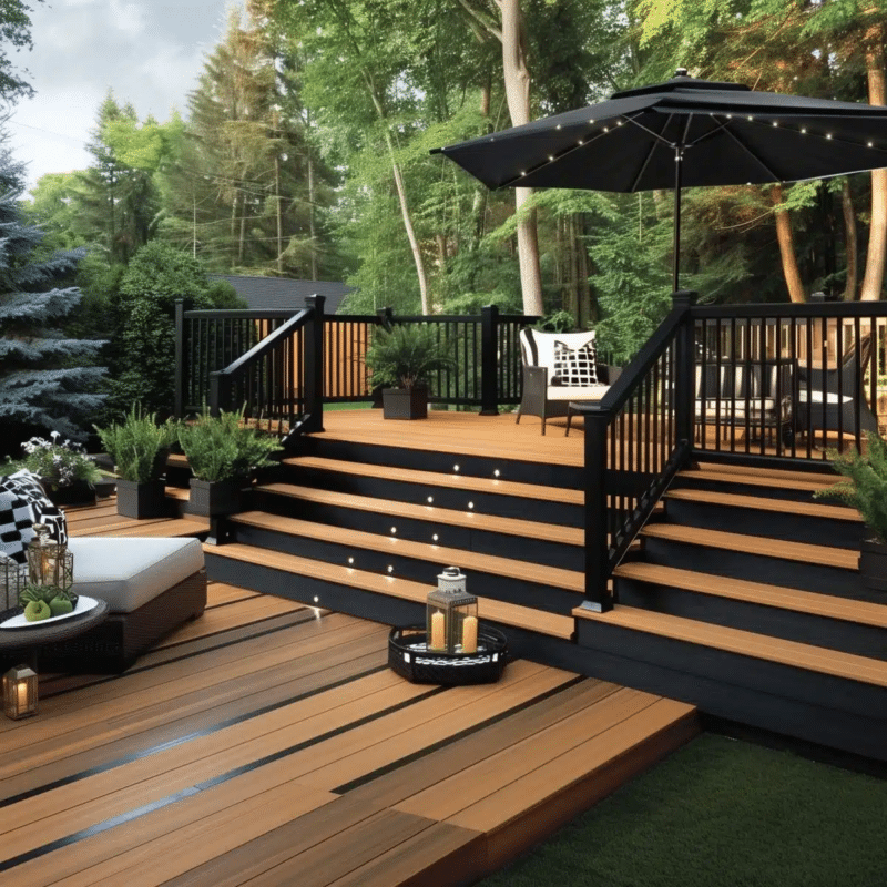 Decking designed to level uneven ground, creating a flat surface for dining and seating areas