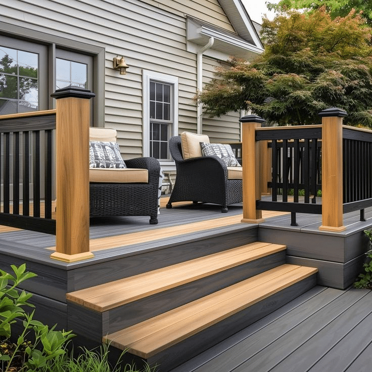 Two-tone WPC deck with stylish modern furniture, creating a unique and eye-catching outdoor space