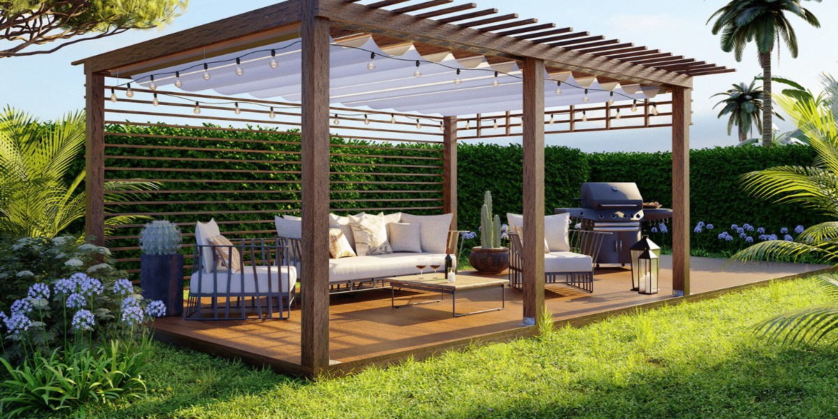 Garden design that balances functionality and beauty, with clearly defined areas, made from WPC decking, pergolas