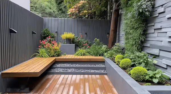 Composite Decking, bench, wall panel with Plants