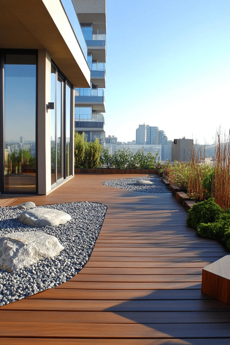 Outdoor space showcasing mixed materials—stone, WPC decking, and grass—creating a harmonious and detailed garden design.