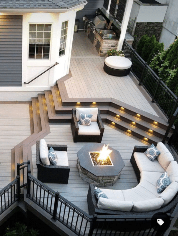 Composite decking with zoned areas for cooking, dining