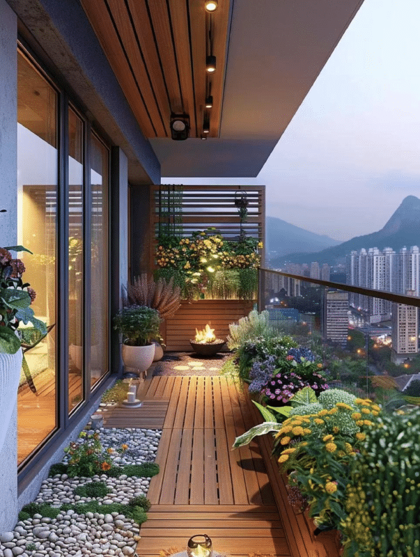 Tiny balcony garden design with plant barriers, and partitions for privacy tiny balcony