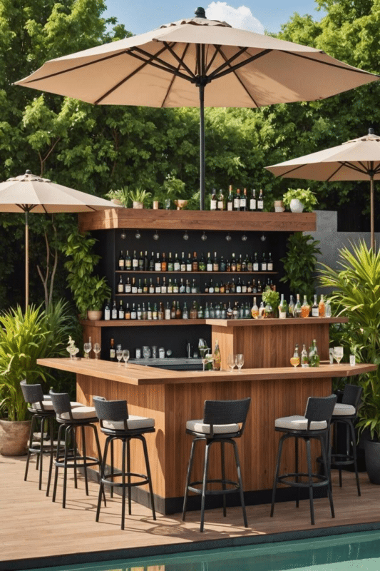 Garden WPC deck with a built-in mini-bar, offering a functional and inviting spot for entertainment and relaxation