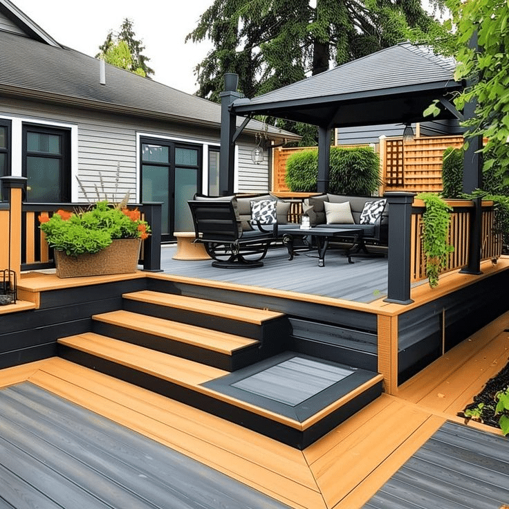 Deck railing with exterior stairs