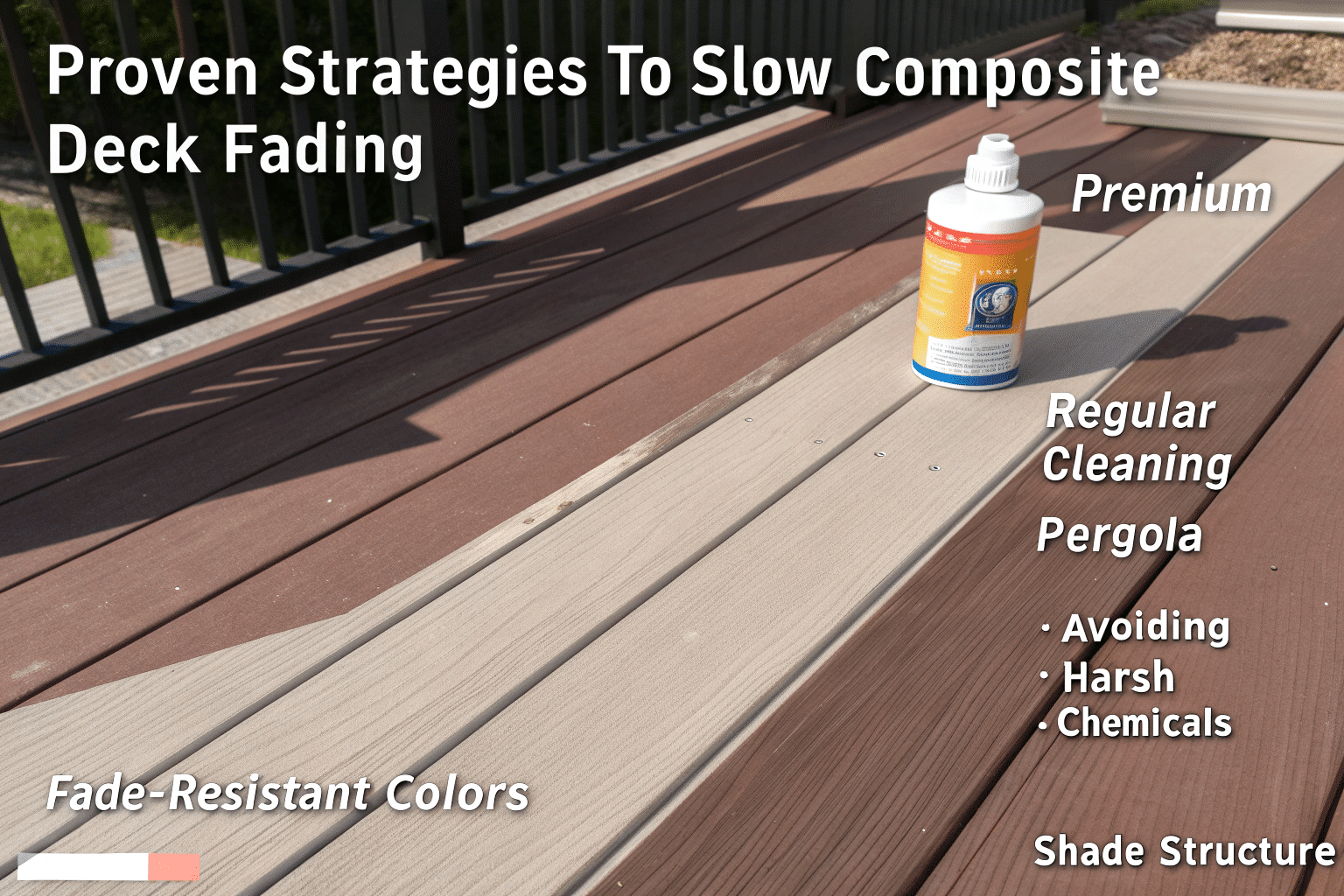 Infographic showing 5 strategies to prevent composite deck fading