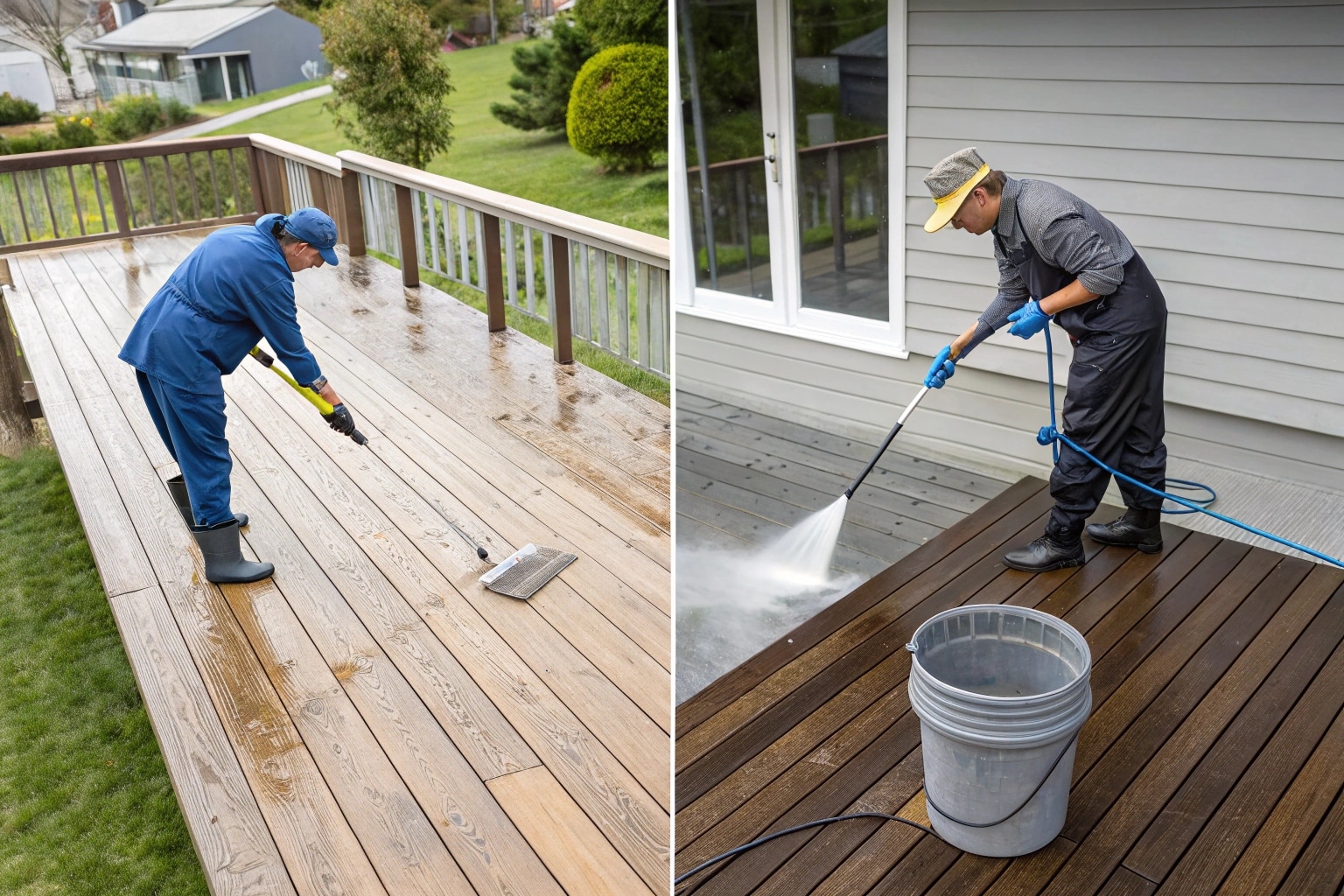 A comparison of cleaning methods for composite decking: low-pressure power washing with correct nozzles and a simple soap-and-water scrub, highlighting safety and effectiveness.