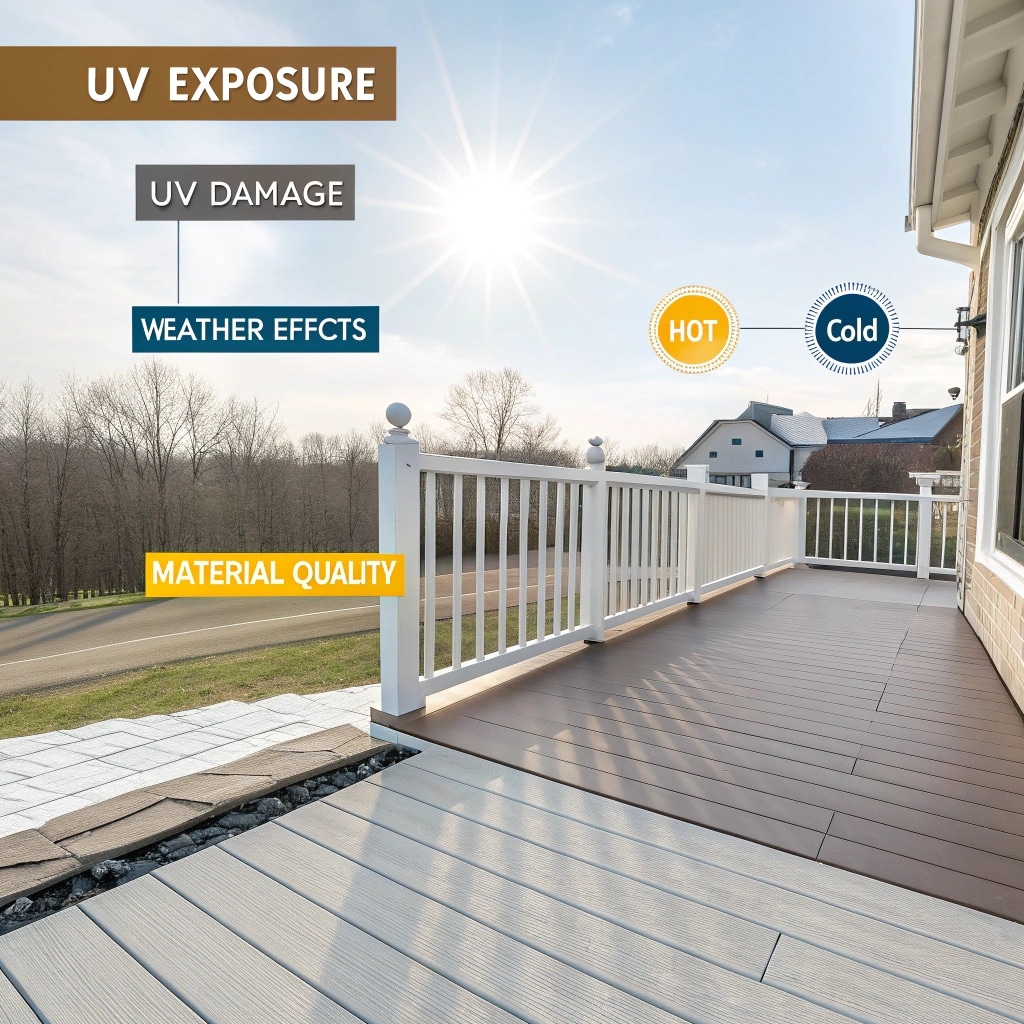 Infographic: 3 main causes of WPC deck fading - UV exposure, weather damage, material quality. 3D style with color contrast.
