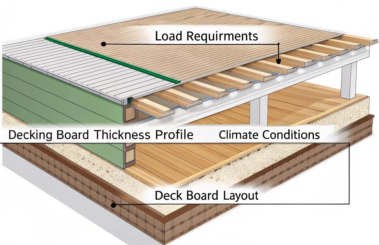 Illustration showing the primary factors affecting deck joist spacing, including load requirements, decking board thickness and profile, climate conditions, and deck board layout, emphasizing their impact on structural integrity and longevity