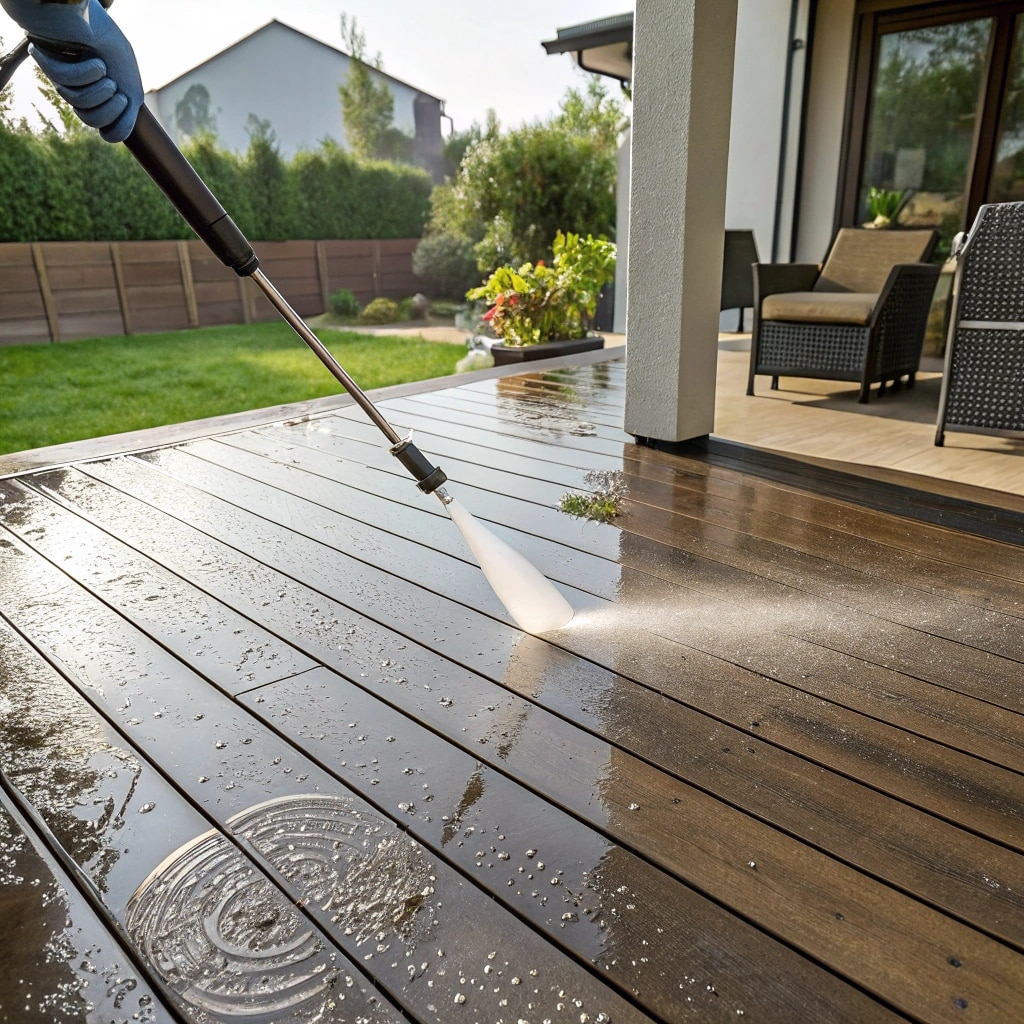 A person using a power washer with a wide fan nozzle on composite decking, maintaining a safe distance of 8-12 inches, with a PSI setting under 1,500.