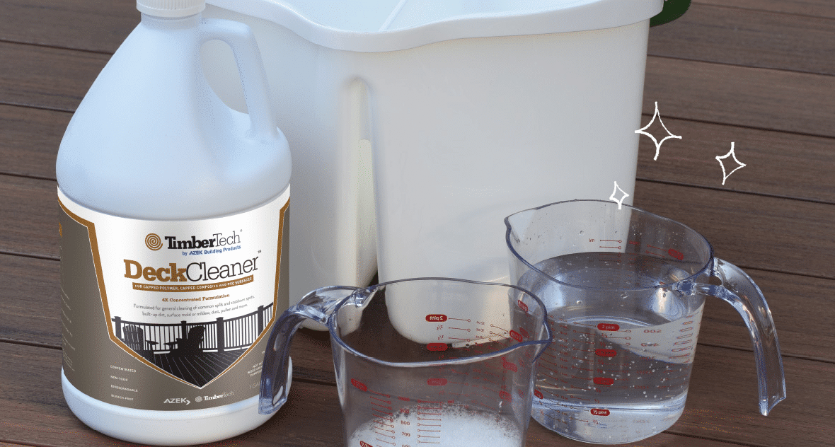 Infographic showing safe cleaning methods for composite decking: using a mild soap and water solution, a composite deck cleaner, or a diluted vinegar solution for effective and gentle cleaning.