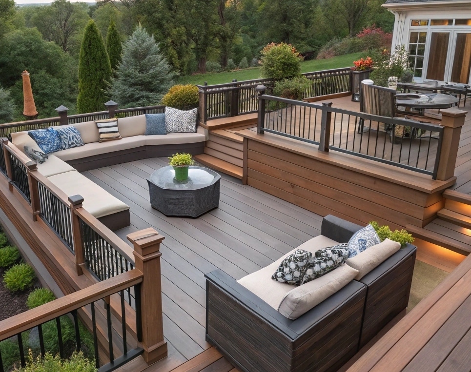 Deck design tips: built-in seating, multi-functional furniture, railing choices, and layout planning to maximize space and aesthetics