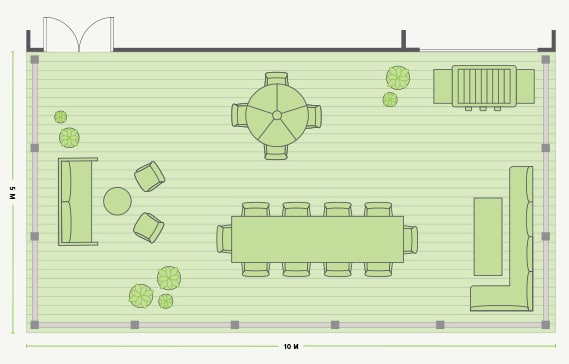 Illustration showing key factors for choosing the right deck size: use, property, budget, traffic flow, and regulations
