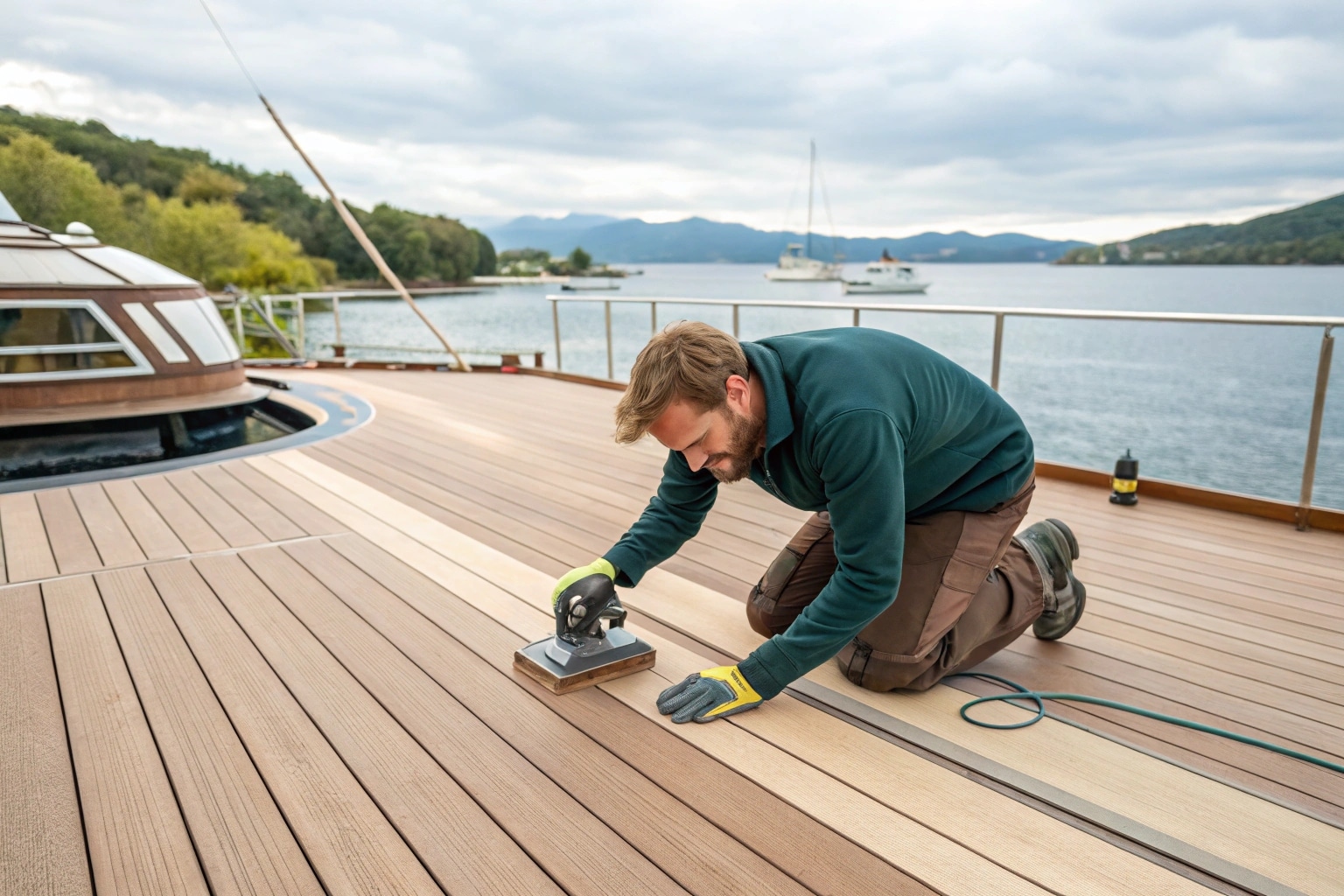 Sand composite decking surface with sandpaper