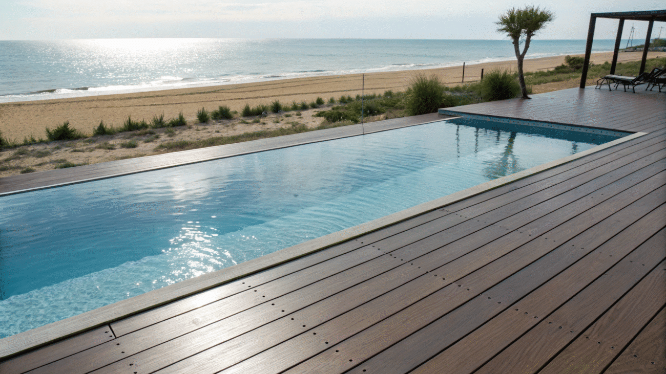 solid wpc decking on the swimming pool
