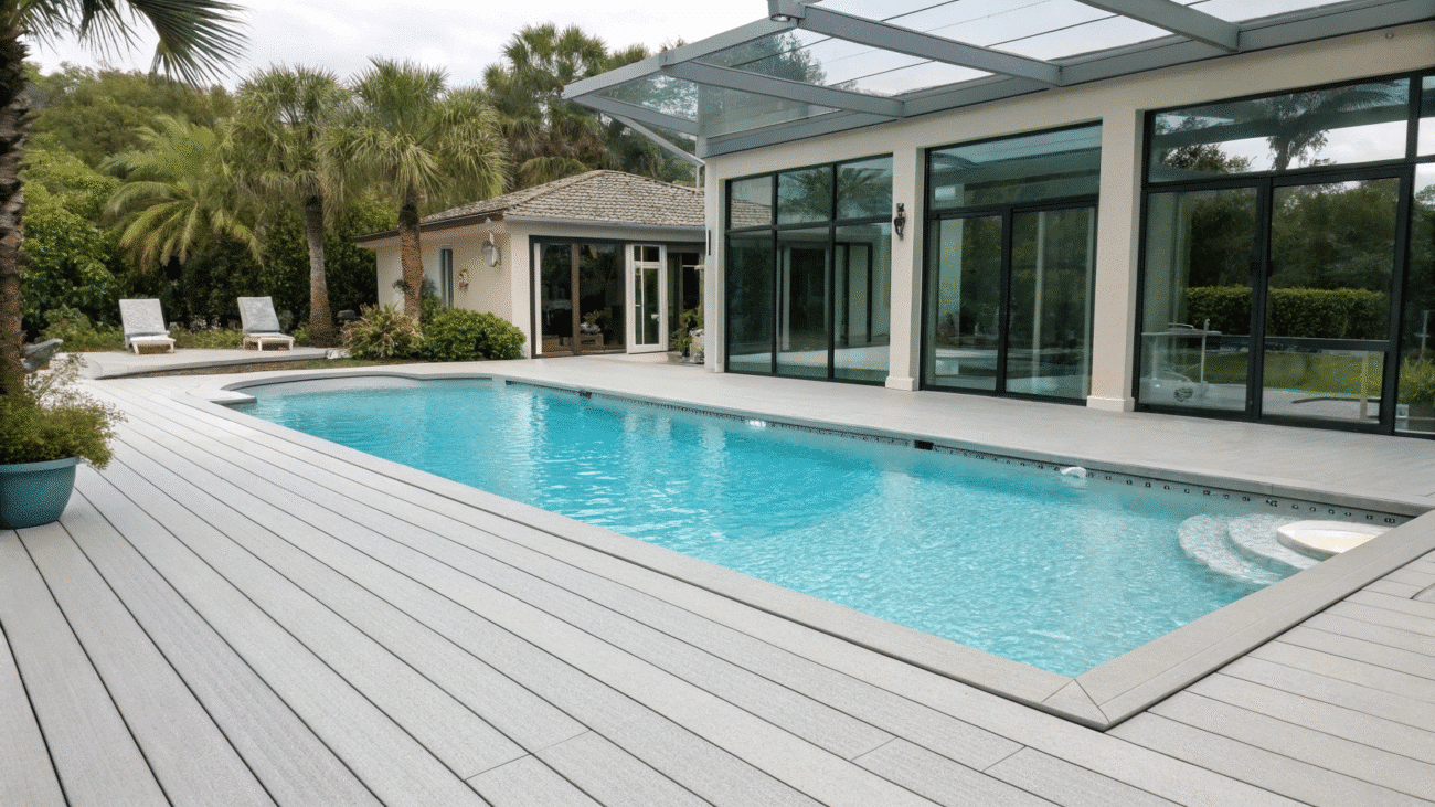 The light color WPC deck around the swimming pool