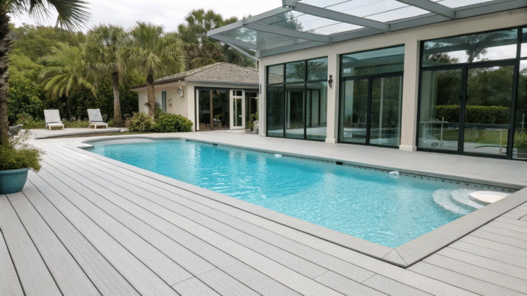 The light color WPC deck around the swimming pool